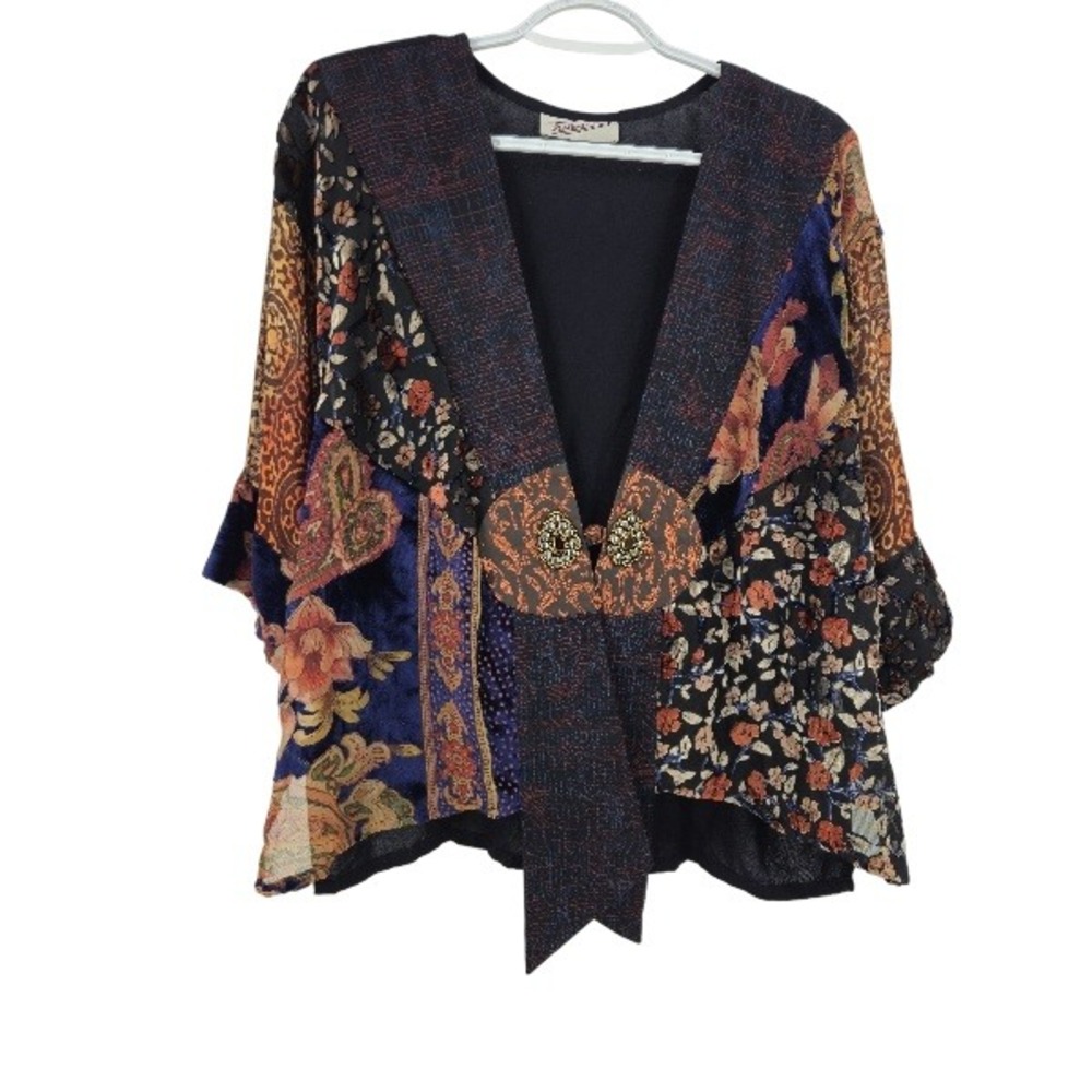 Mixed Floral Velvet-Trim Kimono Jacket in Navy and Multi